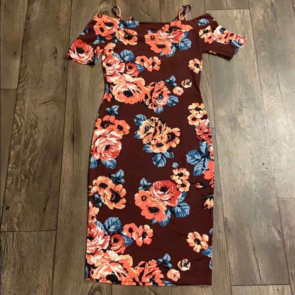 ADC Floral Off Shoulder Bodycon Midi Dress Small Maroon Pink Blue - Picture 5 of 5